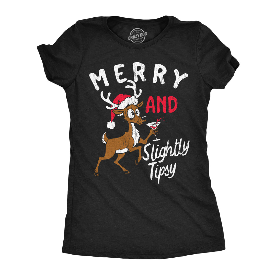 Funny Heather Black - Merry Slightly Tipsy Merry And Slightly Tipsy Womens T Shirt Nerdy Christmas drinking Tee