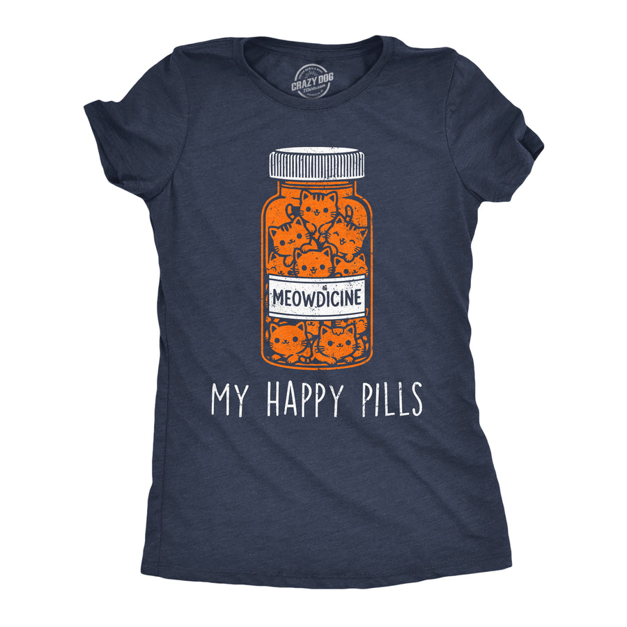 Funny Heather Navy - Meowdicine Meowdicine My Happy Pills Womens T Shirt Nerdy cat Mental Tee
