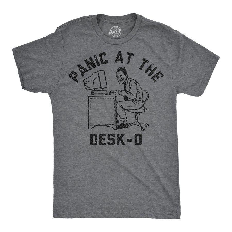 Funny Dark Heather Grey - Panic Panic At The Desko Mens T Shirt Nerdy office sarcastic Tee
