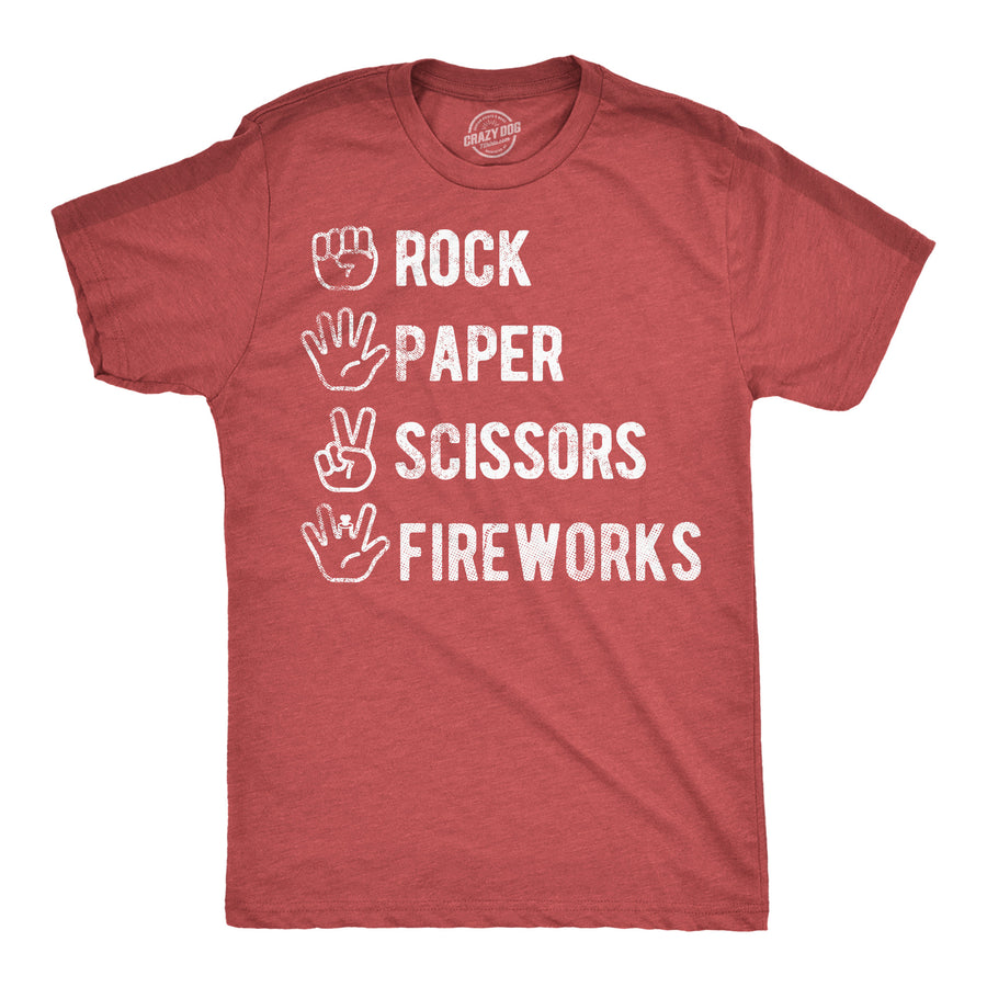 Funny Heather Red -  Fireworks Rock Paper Scissors Fireworks Mens T Shirt Nerdy Fourth Of July sarcastic Tee