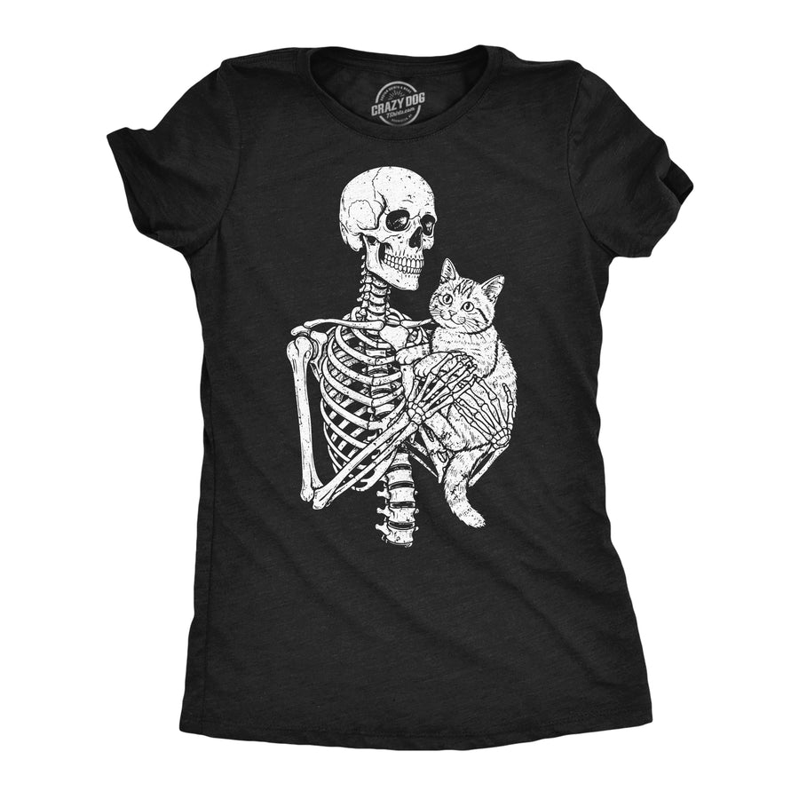 Funny Heather Black - Skeleton Cat Skeleton And Cat Womens T Shirt Nerdy Halloween cat Tee