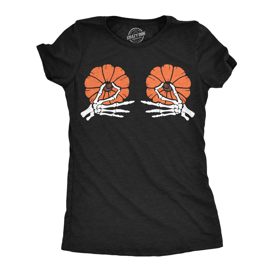 Funny Heather Black - Pumpkin Tits Skeleton Pinch Pumpkin Tits Womens T Shirt Nerdy Halloween Tee