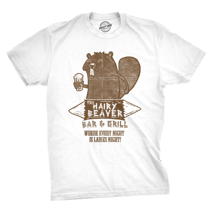 Funny White - Hairy Beaver The Hairy Beaver Bar And Grill Mens T Shirt Nerdy drinking animal offensive Tee