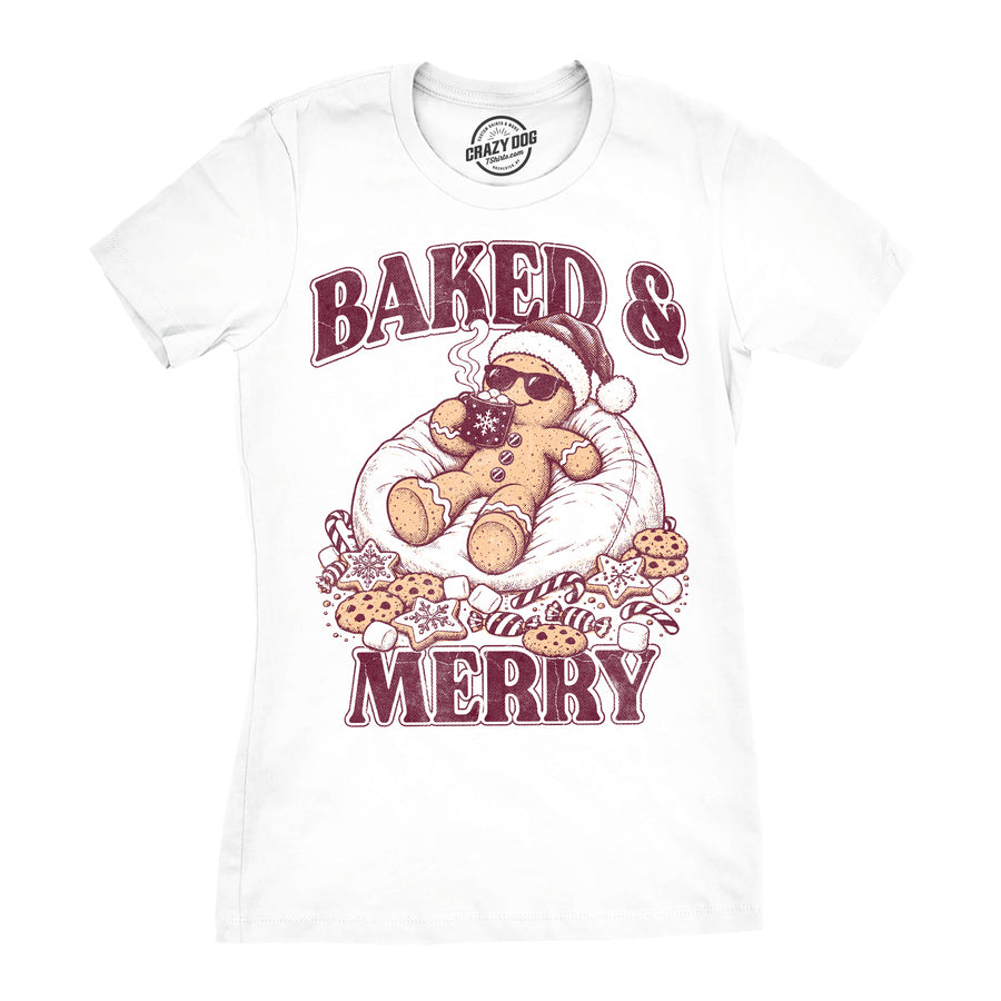 Funny White - Baked And Merry Baked And Merry Womens T Shirt Nerdy Christmas 420 food Tee