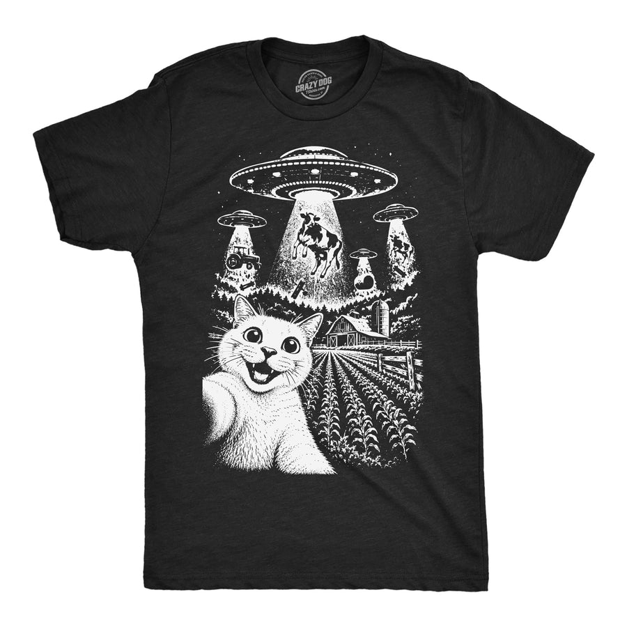 Funny Heather Black - Cat UFO Selfie Cat UFO Selfie Mens T Shirt Nerdy cat space Tee