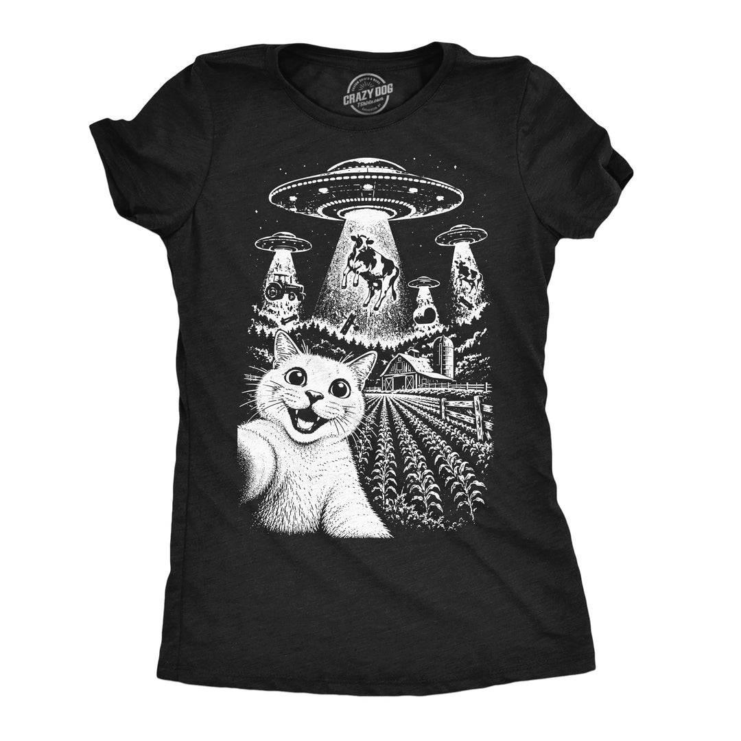 Funny Heather Black - Cat UFO Selfie Cat UFO Selfie Womens T Shirt Nerdy cat space Tee