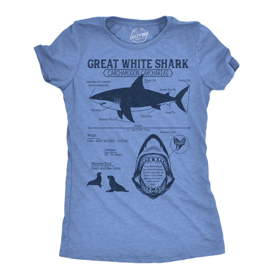 Funny Light Heather Blue - Great White Shark Great White Shark Infographic Womens T Shirt Nerdy shark week animal science Tee