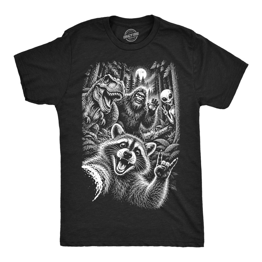 Funny Heather Black - Forest Selfie Raccoon Forest Selfie Mens T Shirt Nerdy animal Dinosaur Tee