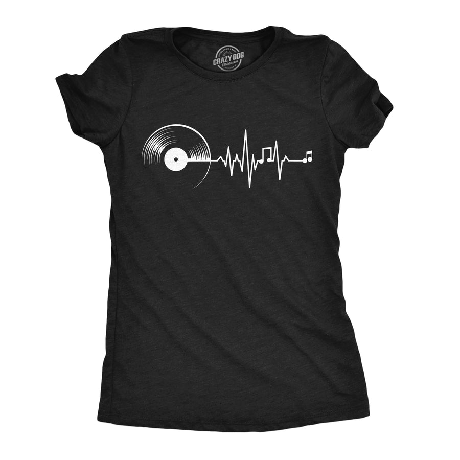 Funny Heather Black - Vinyl Music Heartbeat Vinyl Music Heartbeat Womens T Shirt Nerdy music Tee