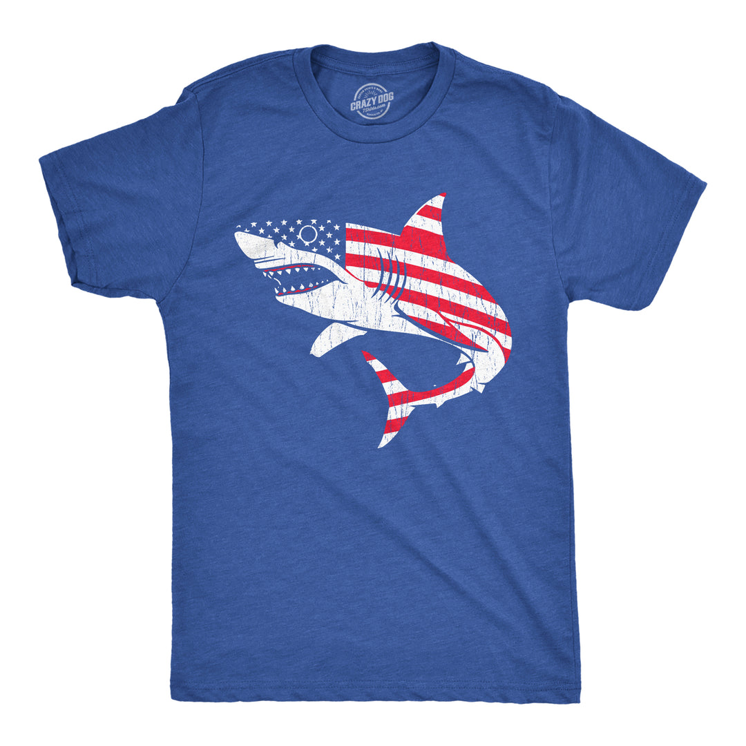 Funny Heather Royal - Shark USA Flag American Flag Shark Mens T Shirt Nerdy Fourth Of July Shark Week Tee