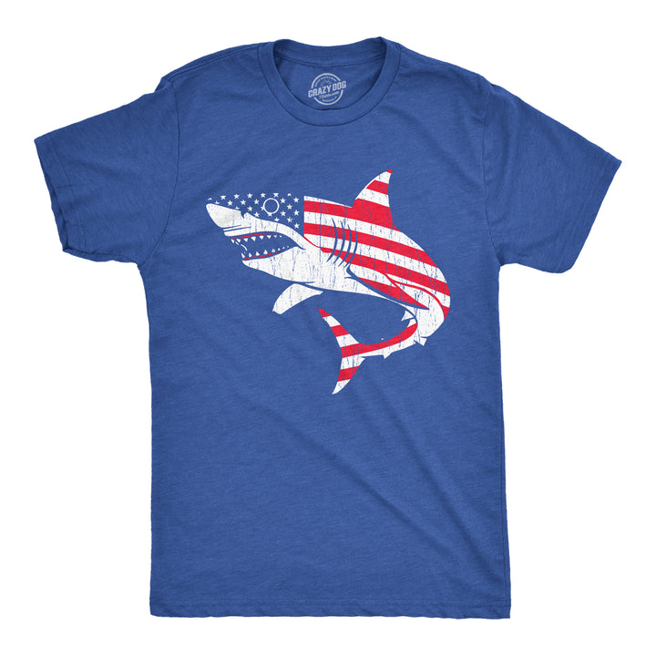 Funny Heather Royal - Shark USA Flag American Flag Shark Mens T Shirt Nerdy Fourth Of July Shark Week Tee