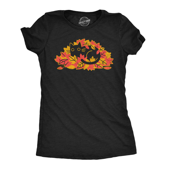 Funny Heather Black - Cat Leaf Pile Cat Leaf Pile Womens T Shirt Nerdy cat Tee