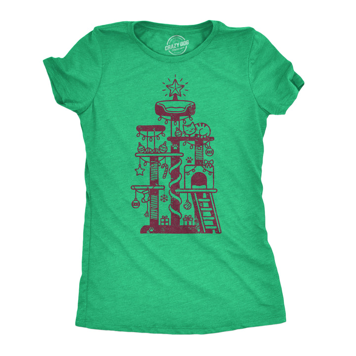 Funny Heather Green - Cat Tree Xmas Cat Tree Christmas Womens T Shirt Nerdy Christmas cat Tee