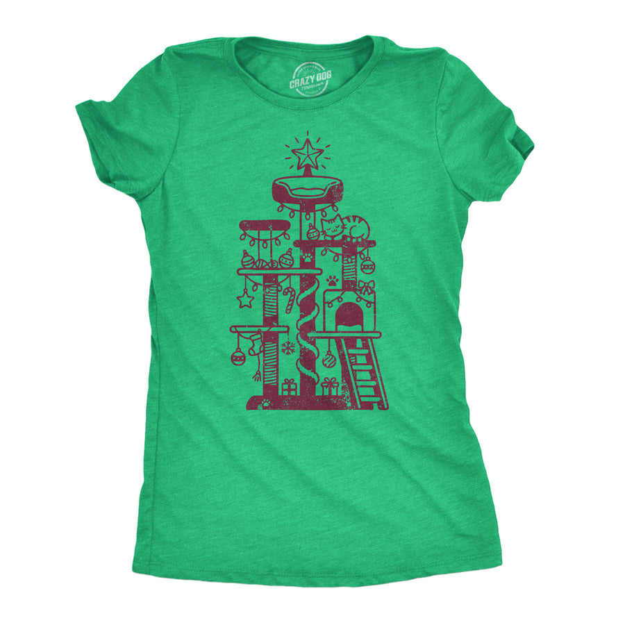 Funny Heather Green - Cat Tree Xmas Cat Tree Christmas Womens T Shirt Nerdy Christmas cat Tee