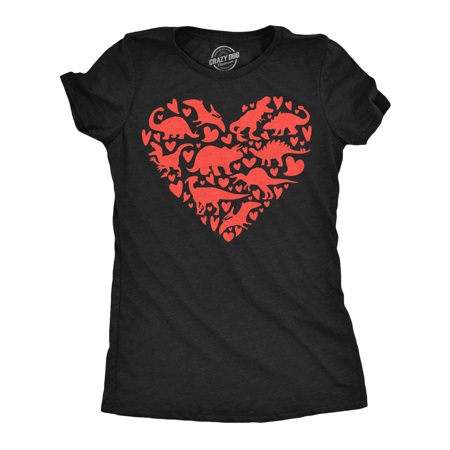 Funny Heather Black - Dino Heart Dino Heart Womens T Shirt Nerdy Valentine's Day Dinosaur Tee