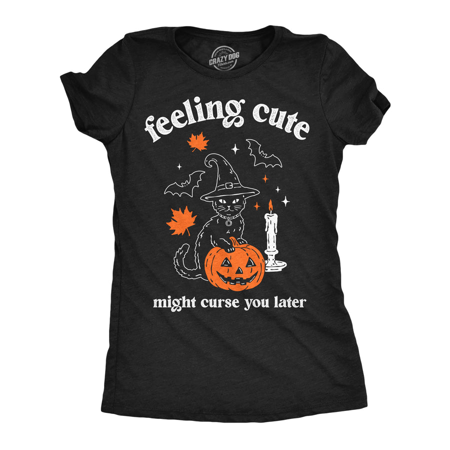 Funny Heather Black - Might Curse You Feeling Cute Might Curse You Later Womens T Shirt Nerdy Halloween cat Tee