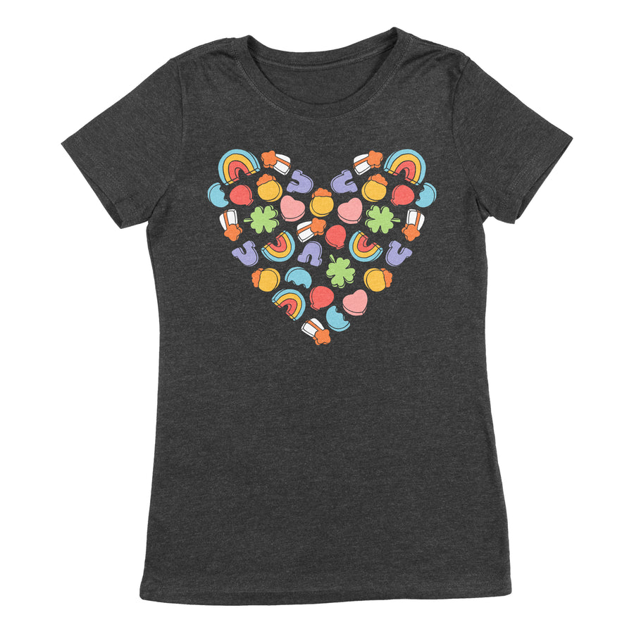 Funny Heather Black - Charms Marshmallow Heart Charms Marshmallow Heart Womens T Shirt Nerdy Saint Patrick's Day food Tee