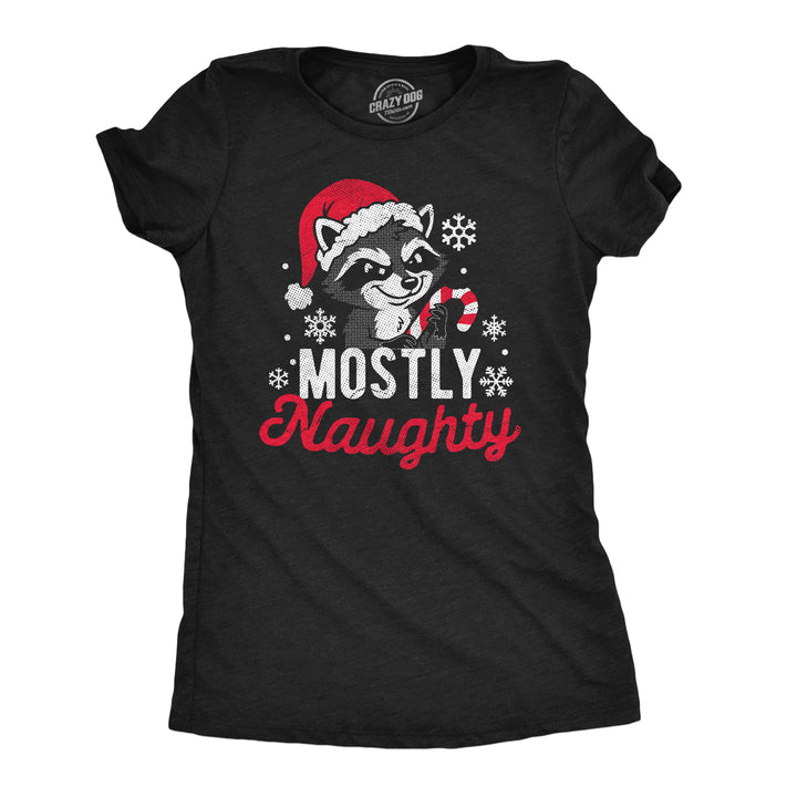 Funny Heather Black - Mostly Naughty Mostly Naughty Christmas Raccoon Womens T Shirt Nerdy Christmas animal Tee