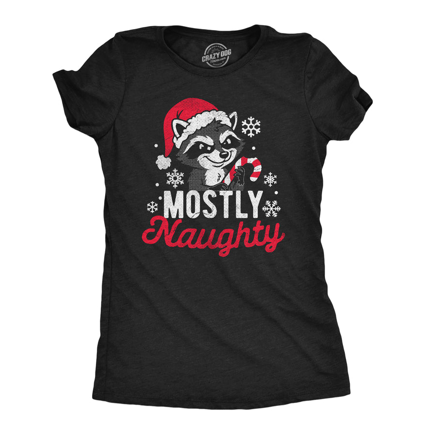 Funny Heather Black - Mostly Naughty Mostly Naughty Christmas Raccoon Womens T Shirt Nerdy Christmas animal Tee