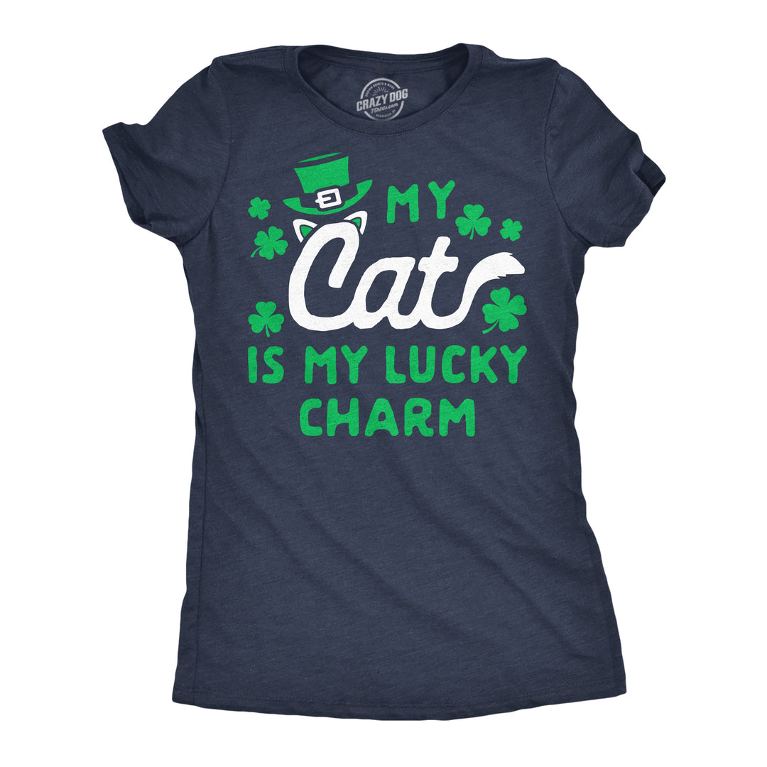 Funny Heather Navy - Cat Lucky Charm My Cat Is My Lucky Charm Womens T Shirt Nerdy Saint Patrick's Day cat Tee