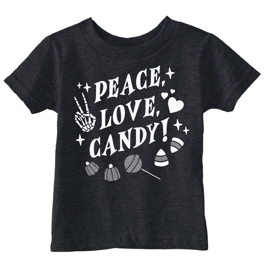 Funny Heather Black - Peace Love Candy Peace Love Candy Toddler T Shirt Nerdy Halloween food Tee