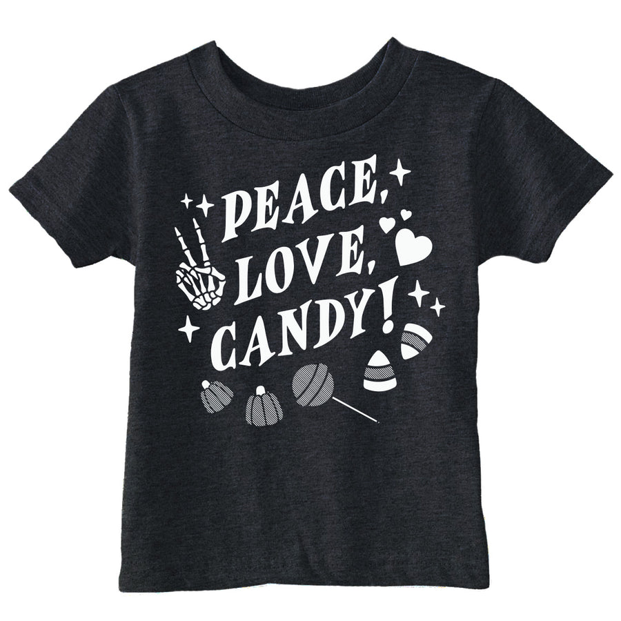 Funny Heather Black - Peace Love Candy Peace Love Candy Toddler T Shirt Nerdy Halloween food Tee