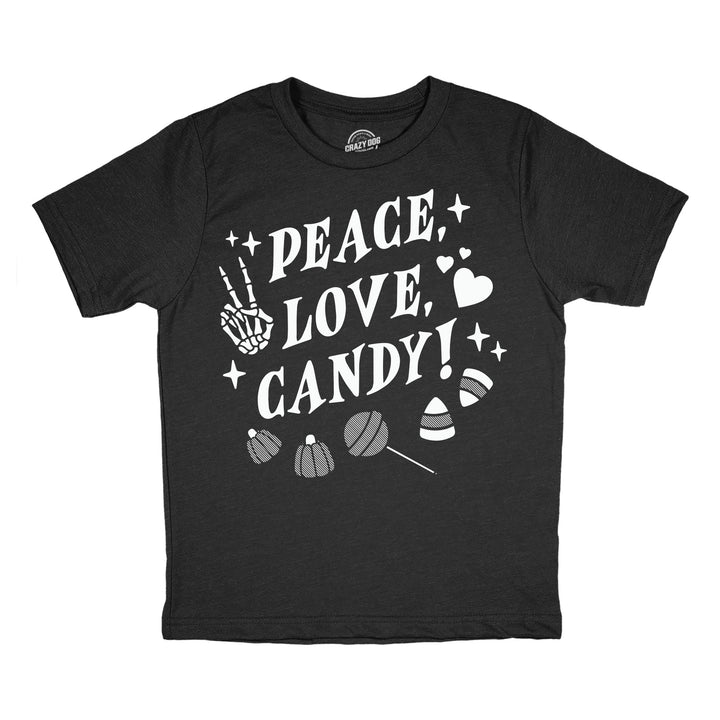 Funny Heather Black - Peace Love Candy Peace Love Candy Youth T Shirt Nerdy Halloween food Tee