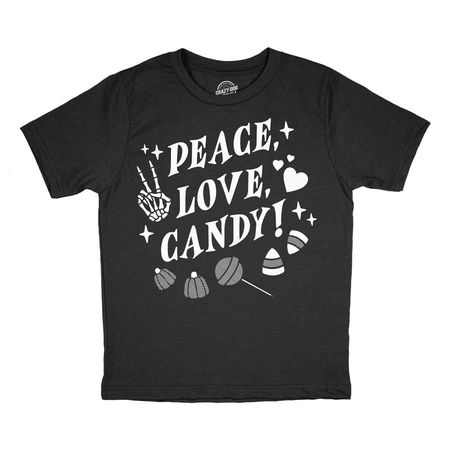 Funny Heather Black - Peace Love Candy Peace Love Candy Youth T Shirt Nerdy Halloween food Tee