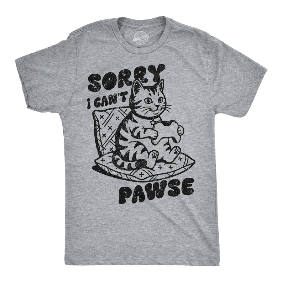 Funny Light Heather Grey - Sorry I Cant Pawse Sorry I Cant Pawse Mens T Shirt Nerdy cat Video Games Tee