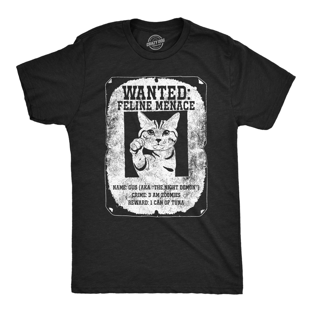 Funny Heather Black - Wanted Feline Menace Wanted Feline Menace Mens T Shirt Nerdy cat Tee