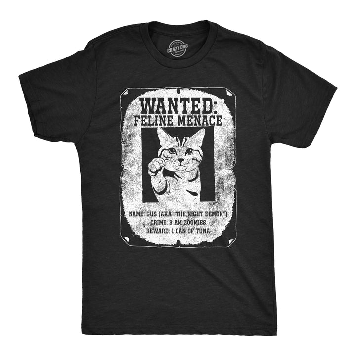 Funny Heather Black - Wanted Feline Menace Wanted Feline Menace Mens T Shirt Nerdy cat Tee