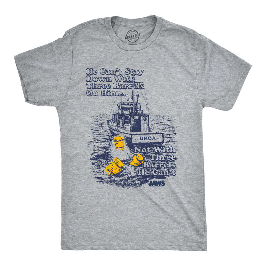 Funny Light Heather Grey - 3 Barrels Jaws He Cant Stay Down With 3 Barrels On Him Mens T Shirt Nerdy TV & Movies Tee