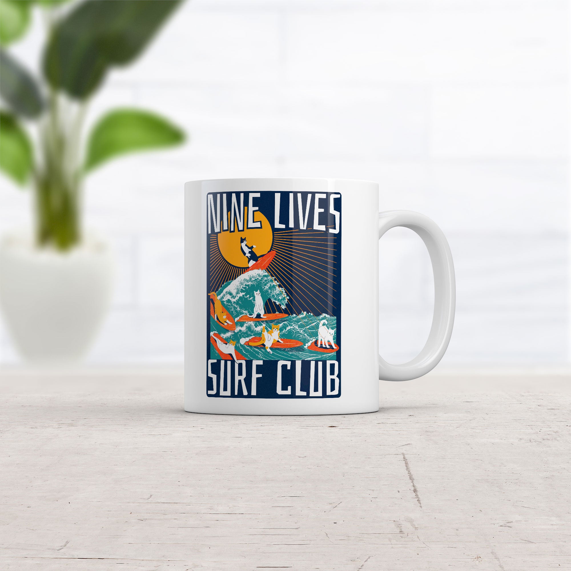 Funny White Nine Lives Surf Club Coffee Mug Nerdy Cat sarcastic Tee