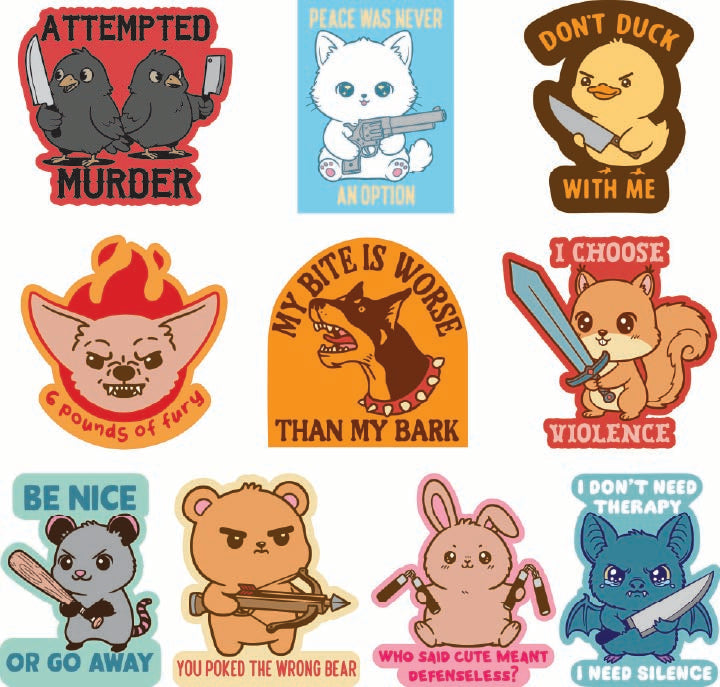 Funny Multi Animals With Weapons Stickers Nerdy animal Tee