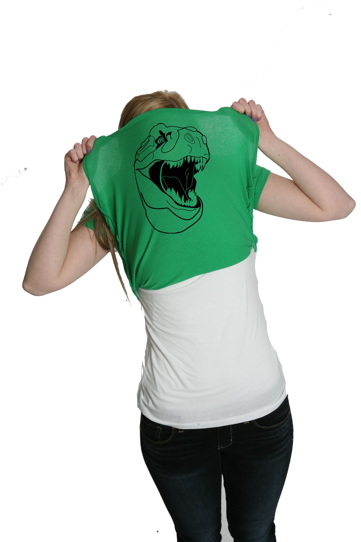 Funny Green Ask Me About My T-Rex Flip Womens T Shirt Nerdy Dinosaur Flip Tee