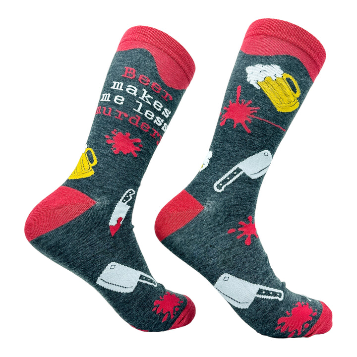 Funny Beer Murdery Men's Beer Makes Me Less Murdery Sock Nerdy Halloween Beer Drinking Tee