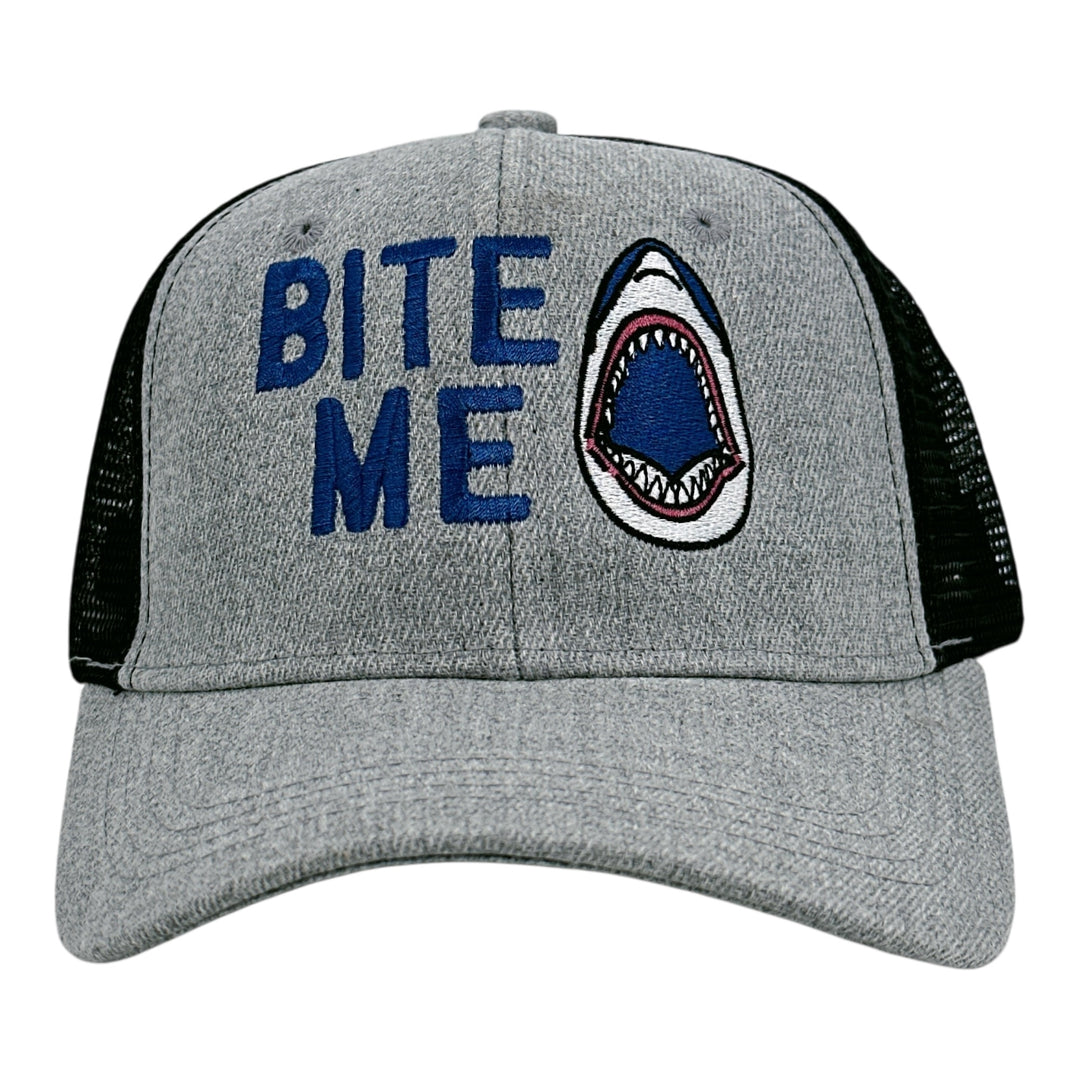 Funny Black Grey Trucker - Bite Me Bite Me Nerdy shark week Tee