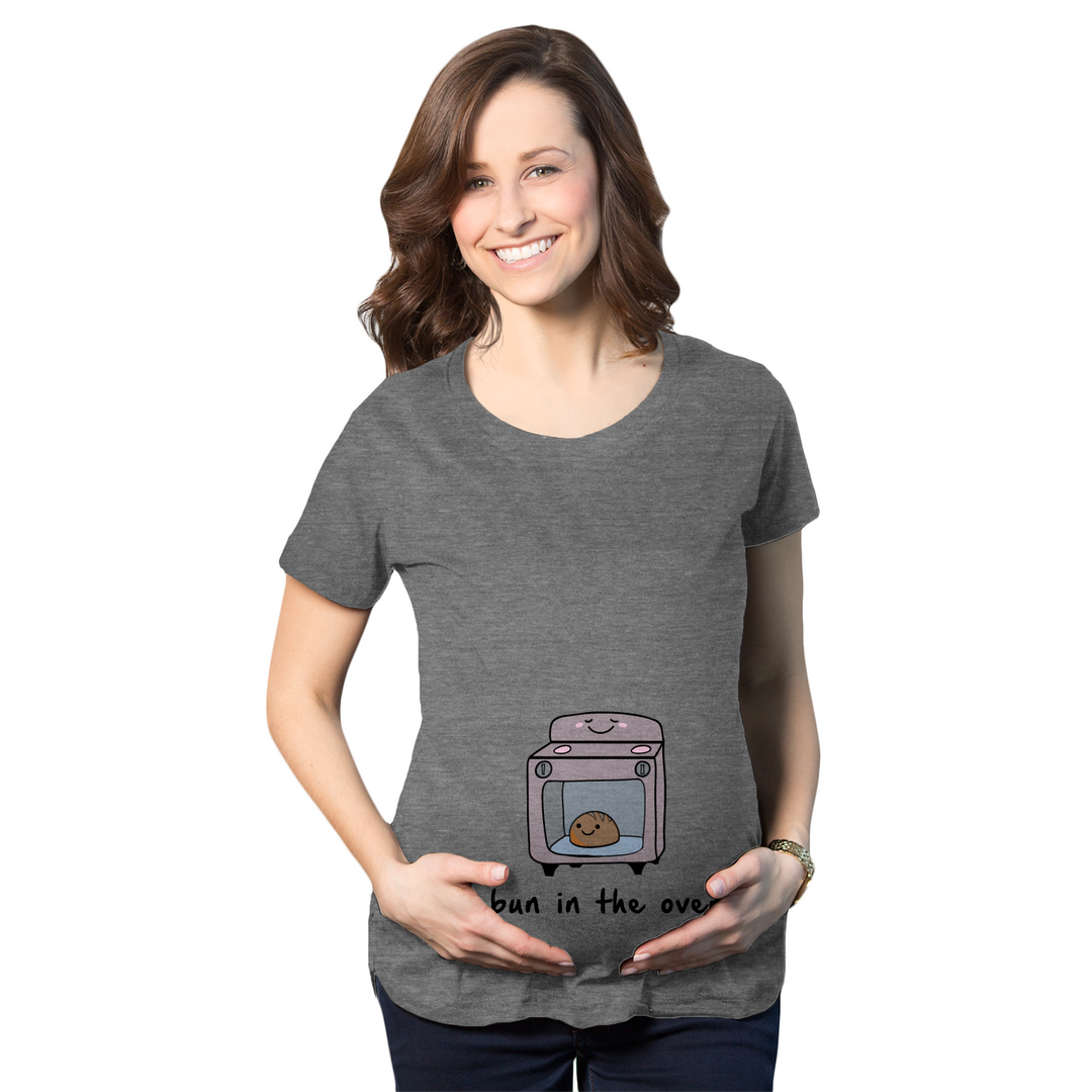 Funny Dark Heather Grey Bun In The Oven Maternity T Shirt Nerdy Food Tee