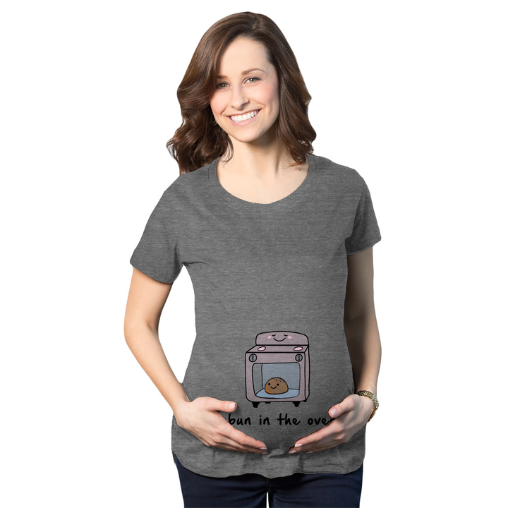 Funny Dark Heather Grey Bun In The Oven Maternity T Shirt Nerdy Food Tee