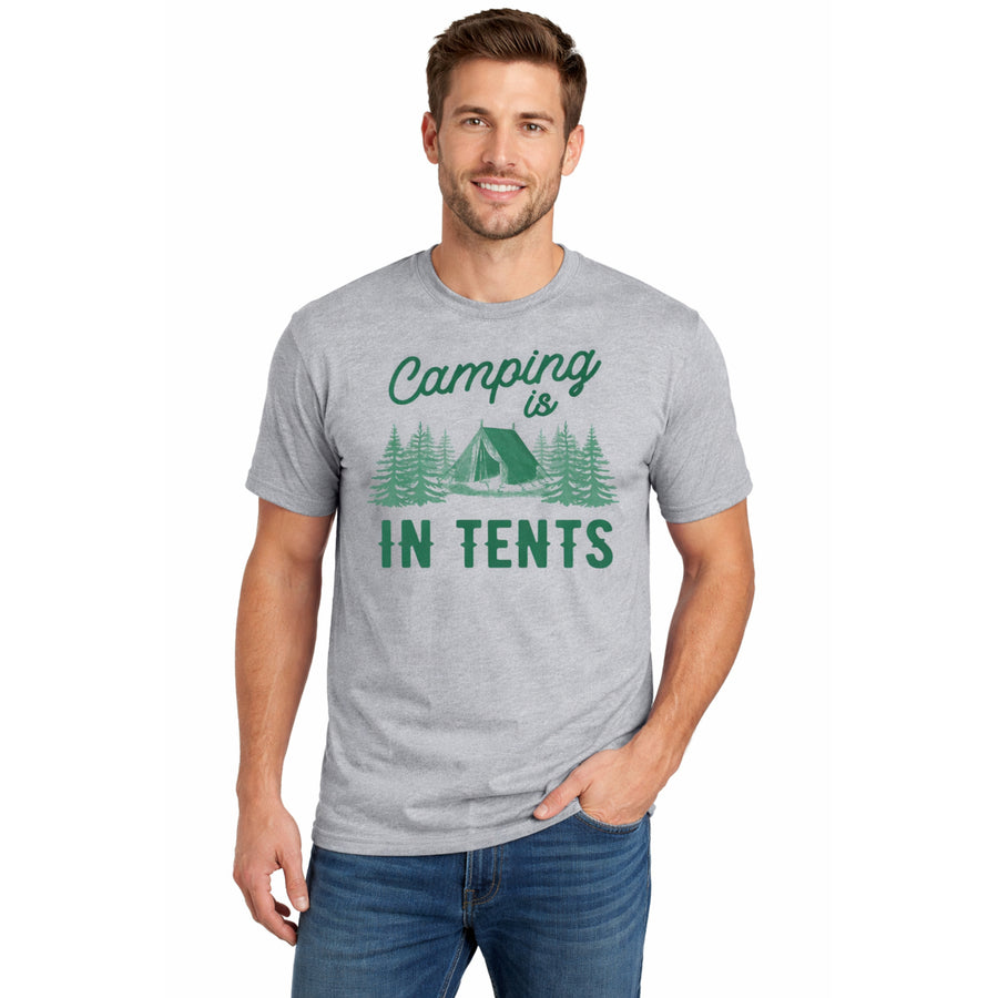 Funny Light Heather Grey Camping Is In Tents Mens T Shirt Nerdy Camping retro Tee