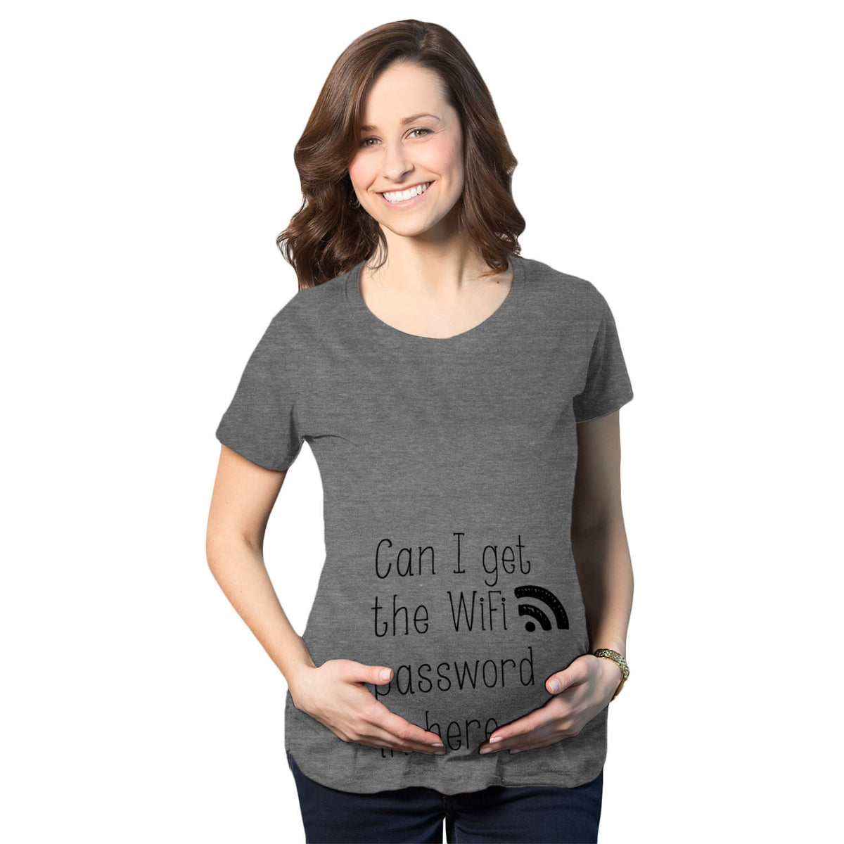 Funny Dark Heather Grey Can I Get The Wifi Password In Here Maternity T Shirt Nerdy internet Tee