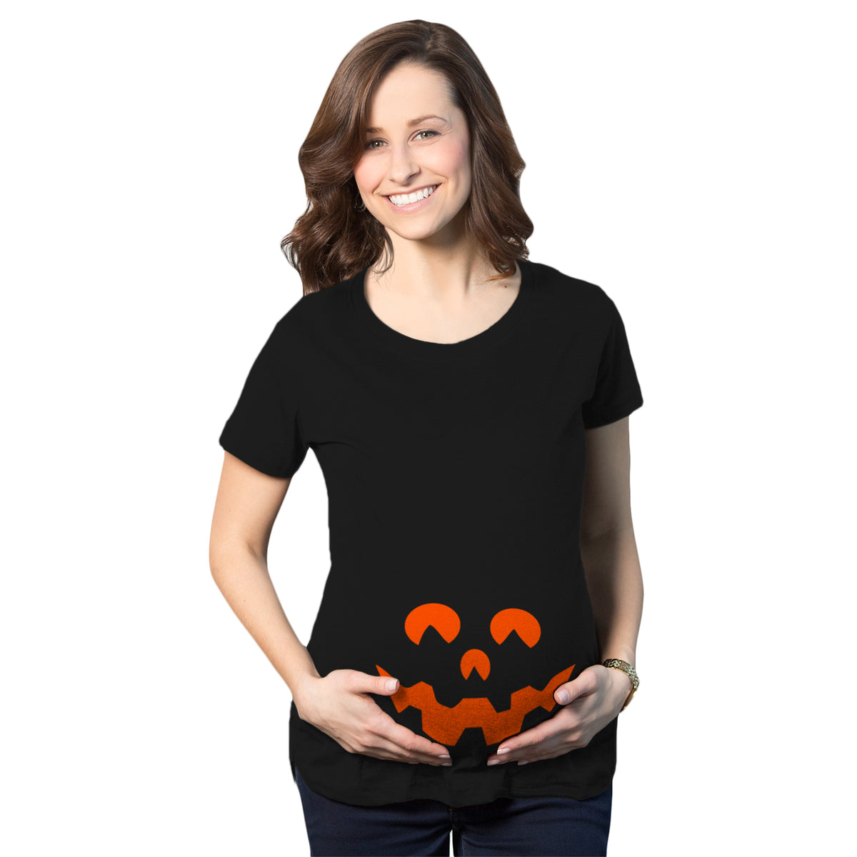 Funny Black Cartoon Eyes Pumpkin Face Maternity T Shirt Nerdy Halloween Tee