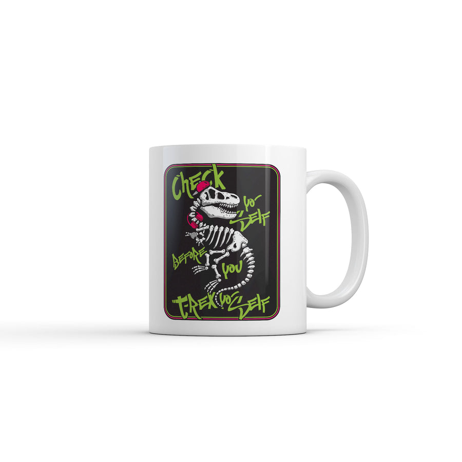 Funny White Check Yo Self Before You T Rex Yo Self Coffee Mug Nerdy dinosaur Tee
