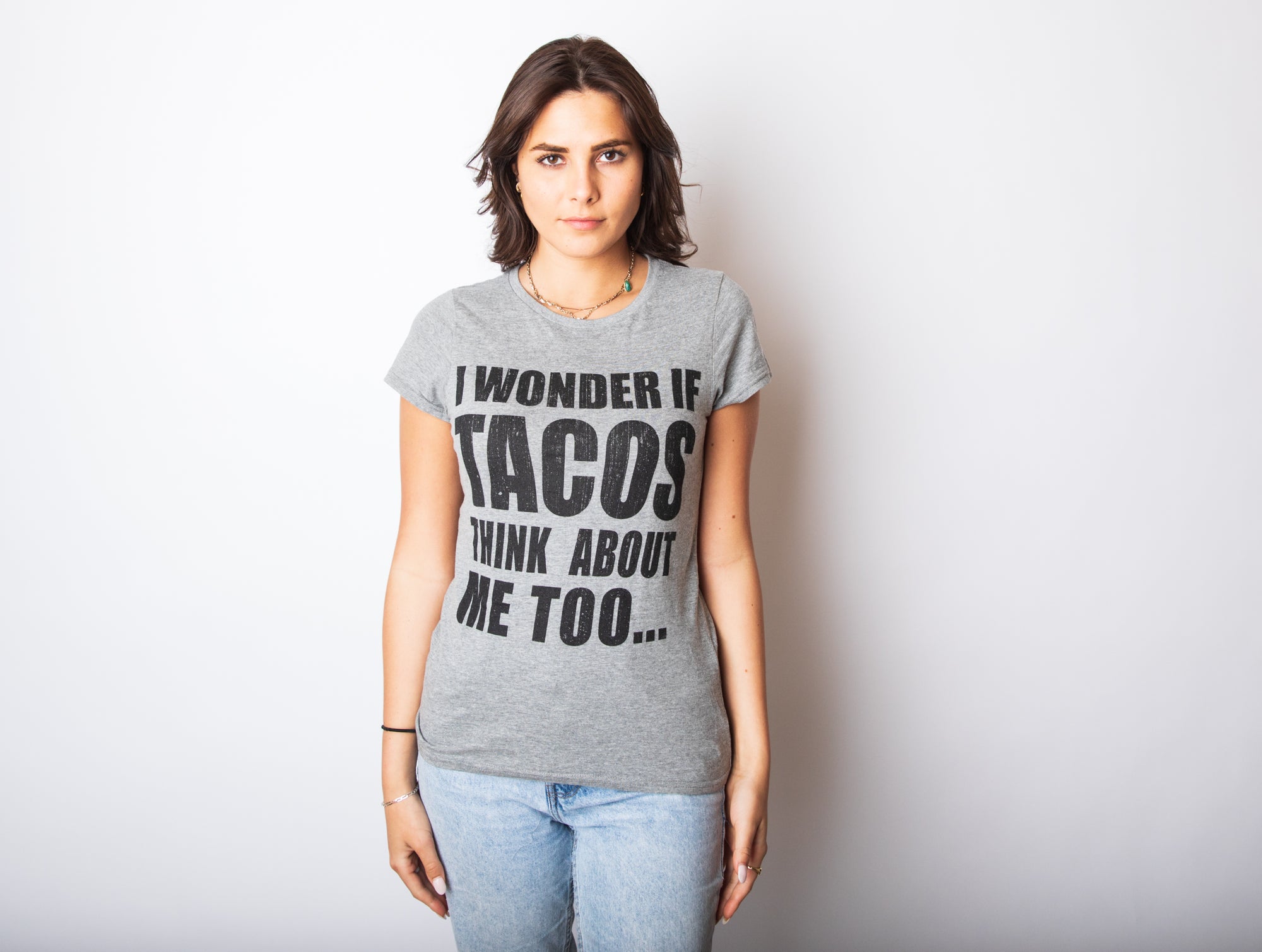 Funny Light Heather Grey I Wonder If Tacos Think About Me Too Womens T Shirt Nerdy Cinco De Mayo Food Tee