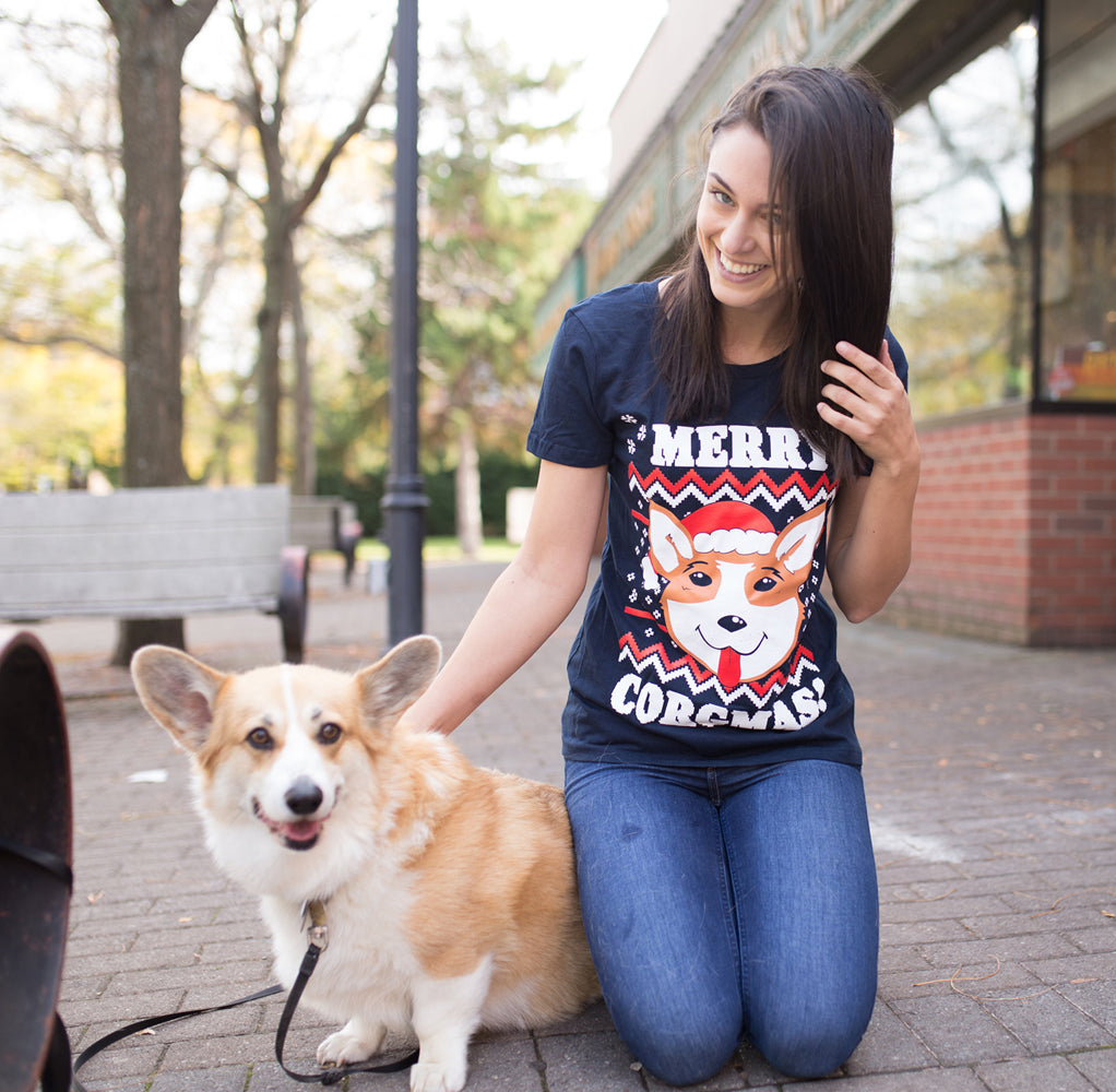 Funny Navy Merry Corgmas Ugly Christmas Sweater Womens T Shirt Nerdy Christmas Dog Ugly Sweater Tee