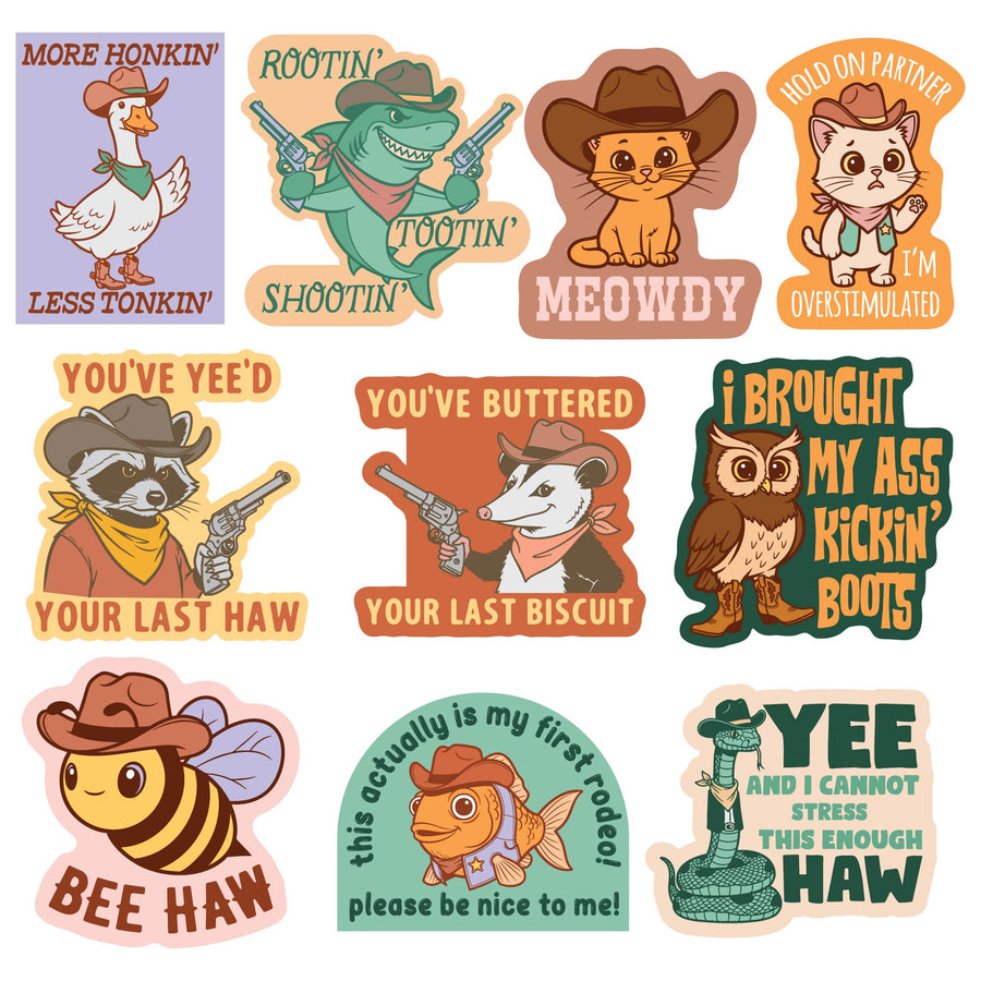 Funny Multi Cowboy Animals Stickers Nerdy animal Tee