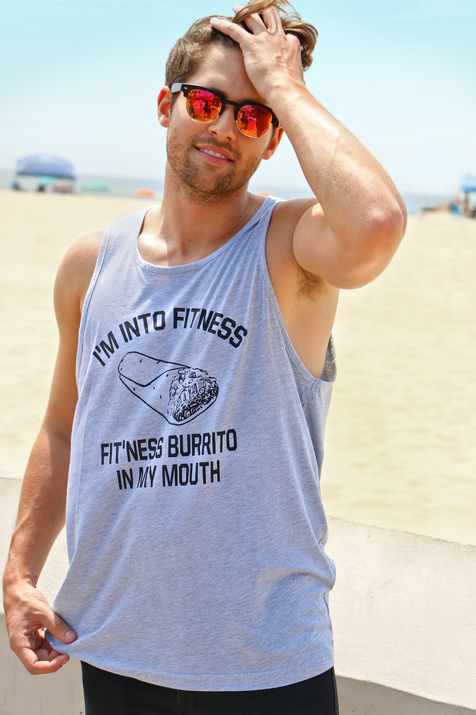 Funny Light Heather Grey Fitness Burrito In My Mouth Mens Tank Top Nerdy Cinco De Mayo Fitness Food Sarcastic Tee