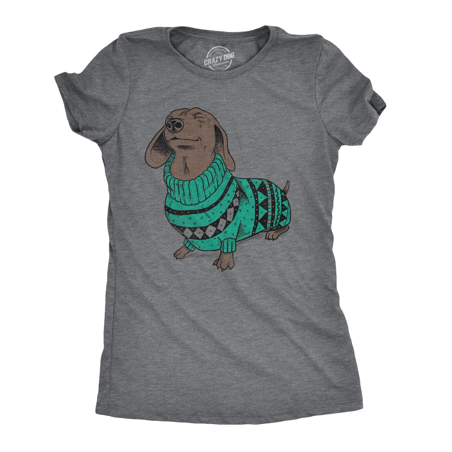 Funny Dark Heather Grey Dachshund In Christmas Sweater Womens T Shirt Nerdy Christmas Dog Tee