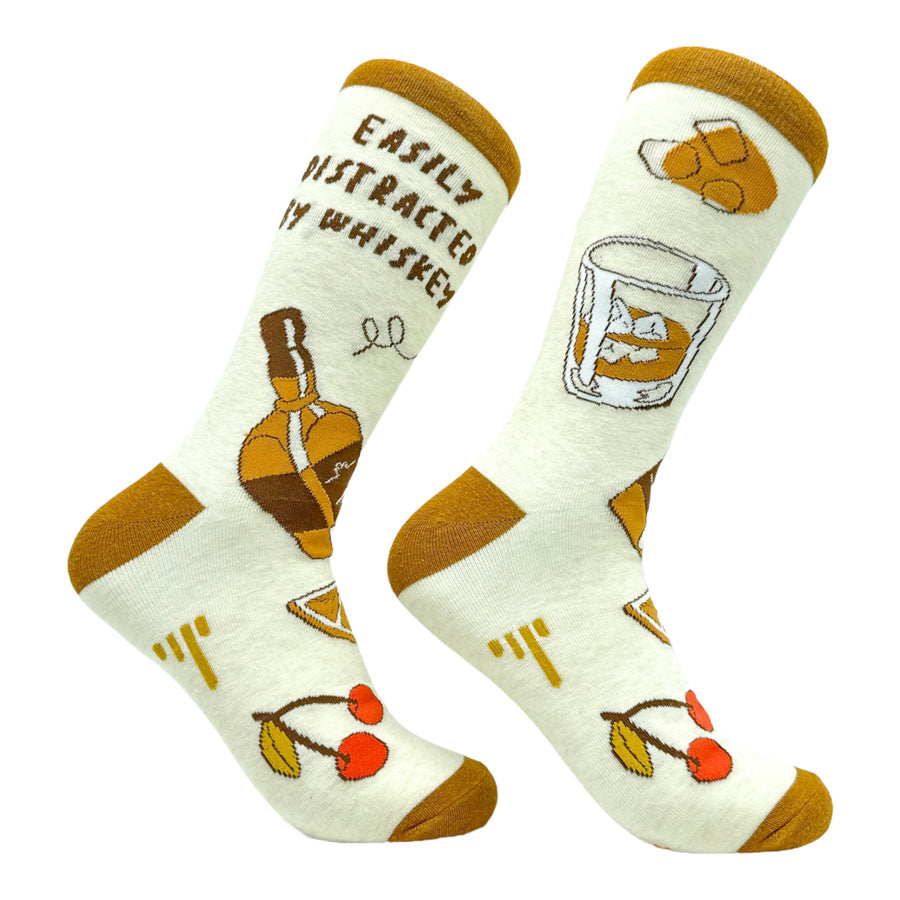 Funny Distracted by Whiskey Men's Easily Distracted By Whiskey Sock Nerdy Halloween Liquor Sarcastic Tee