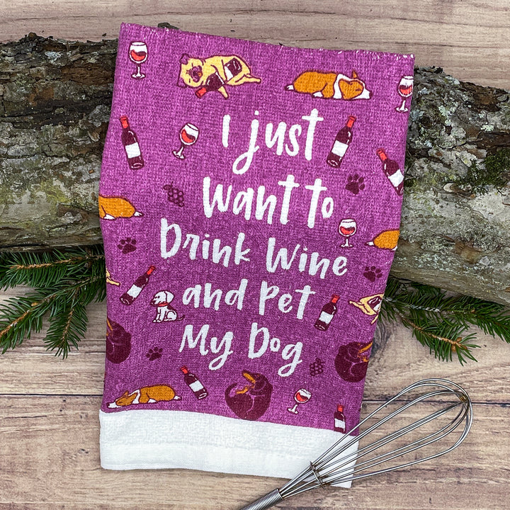 Drink Wine And Pet My Dog Tea Towel Tea Towel